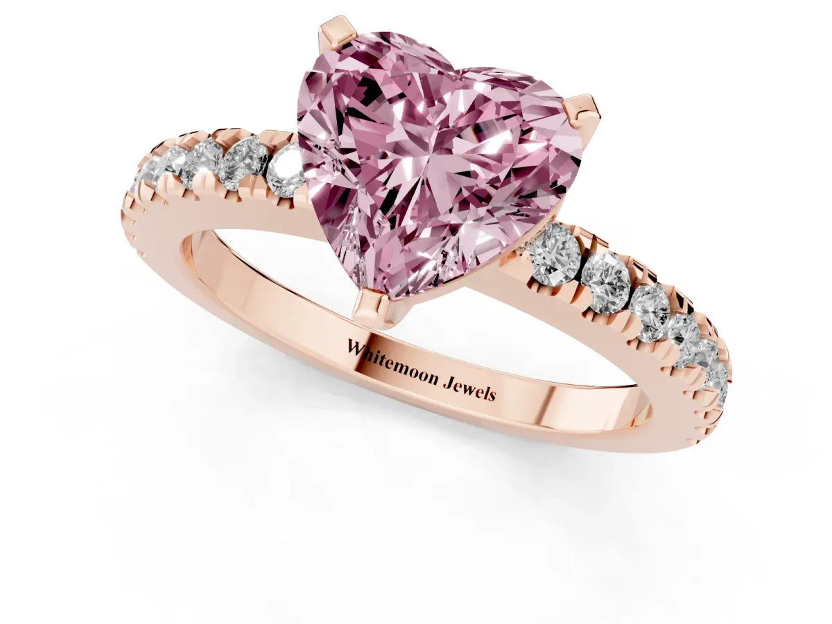 Fancy Pink Heart Cut Solitaire Diamond with Pavé Band and Four-Prong Setting Rose gold