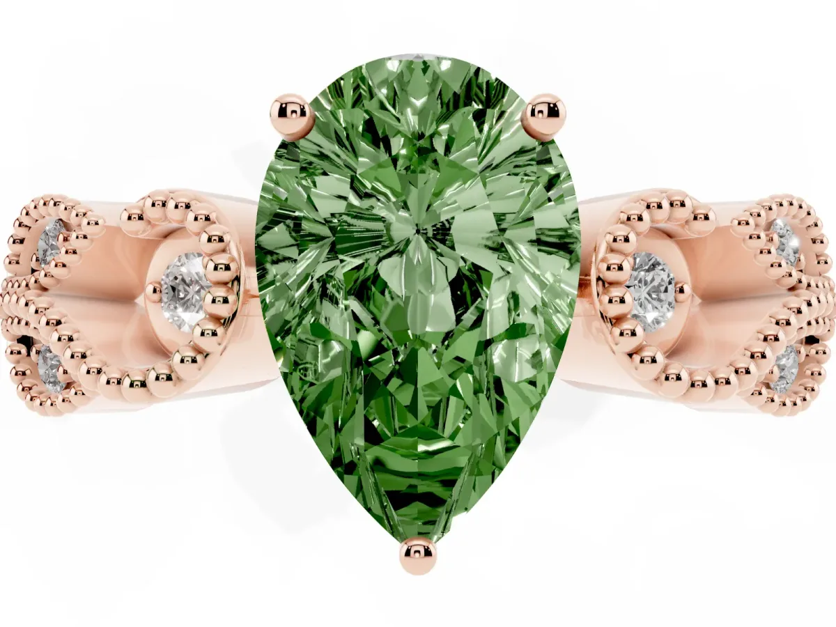 Fancy Green Pear Cut Solitaire Milgrain Leaf Band with Prong Setting Rose gold