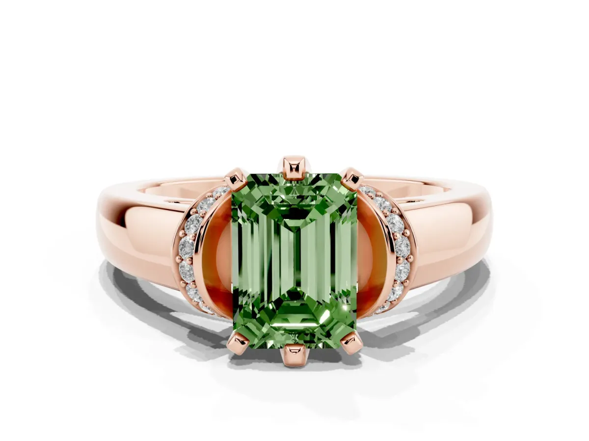 Fancy Green Emerald Cut Solitaire Diamond Ring with Pave Band and Six-Prong Setting Rose gold