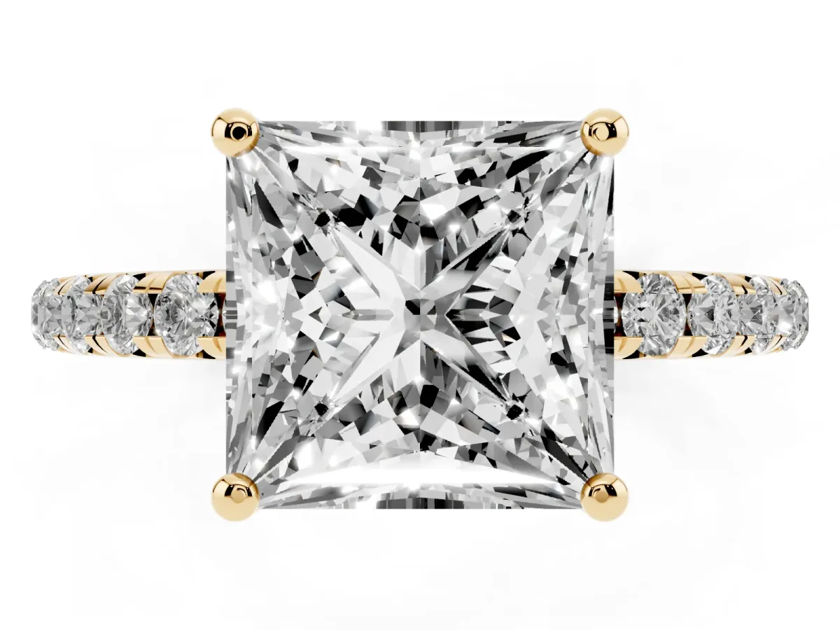 Princess Cut Cut Diamond Solitaire Ring with Micro Pave Band and Four Prong Setting Yellow gold