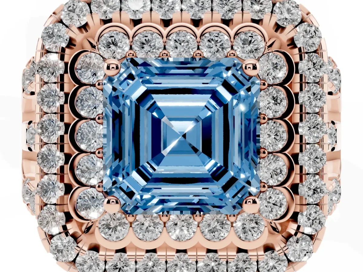 Fancy Blue Asscher Cut Diamond Double Halo Ring with Round Pavé Split Shank and Prong Setting Rose gold