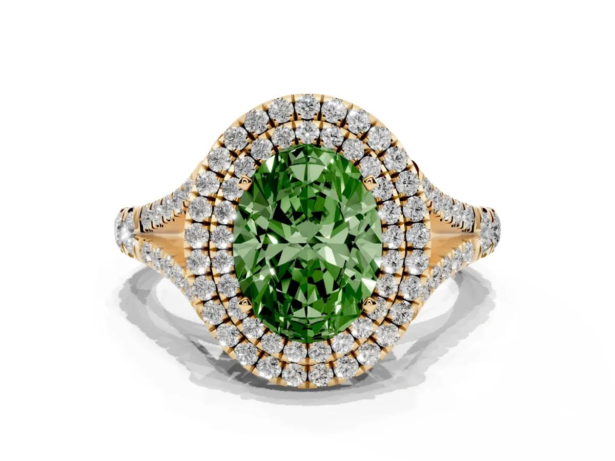 Fancy Green Double Halo Oval Cut Diamond Split Shank Engagement Ring with Four-Prong Setting Yellow gold