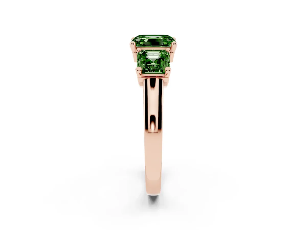 Fancy Green Three-Stone Asscher Cut Brilliant Diamond Trellis Ring with Comfort Fit Band Rose gold