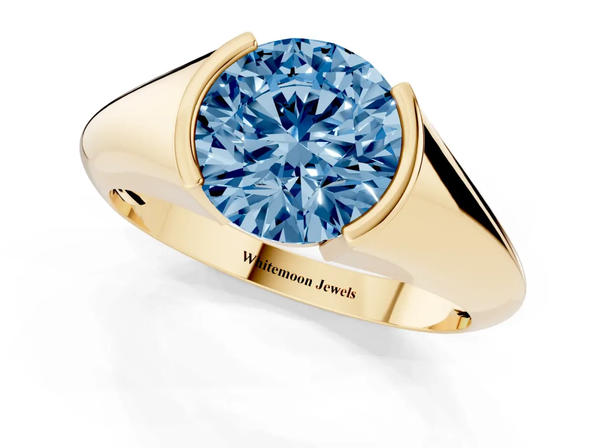 Fancy Blue Round Cut Solitaire Tension Set Diamond Ring Yellow gold