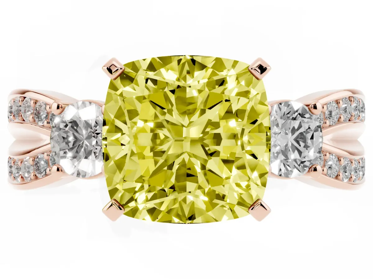 Fancy Yellow Three-Stone Cushion Cut Cut Diamond Twist Band with Prong Setting Rose gold