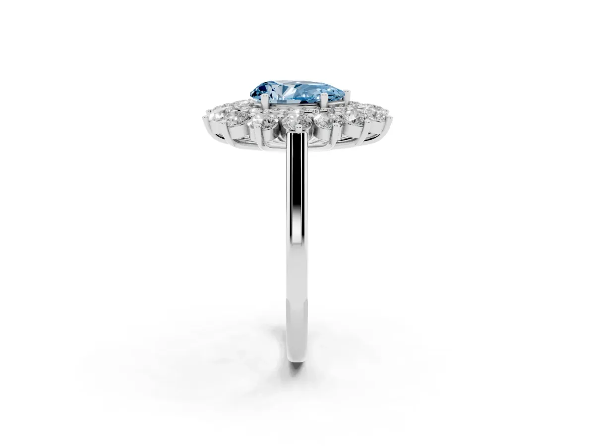 Fancy Blue Pear Cut Diamond Floral Double Halo Engagement Ring with Prong Setting Silver
