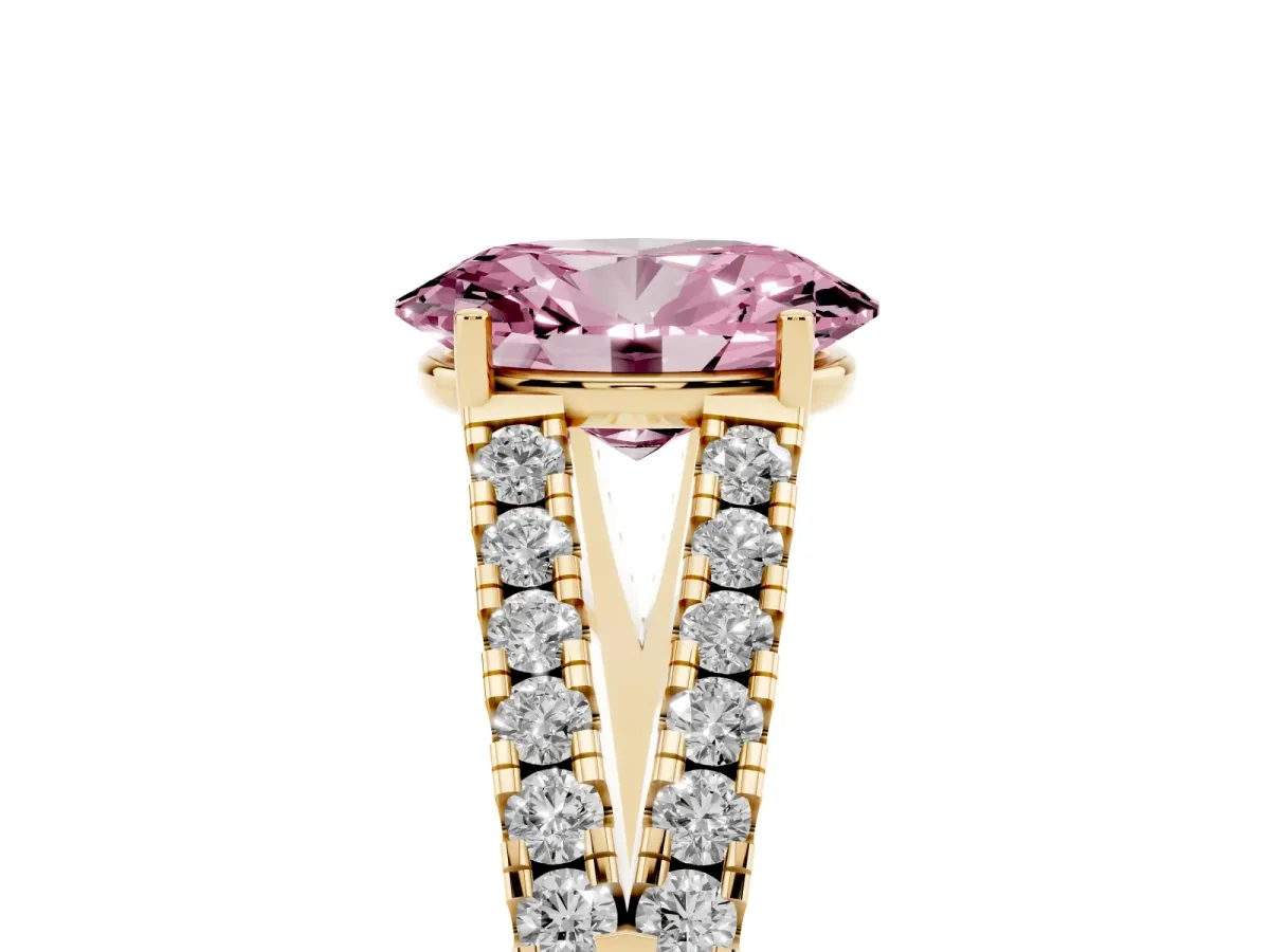 Fancy Pink Oval Cut Diamond Split Shank Pavé Engagement Ring with Four-Prong Setting Yellow gold