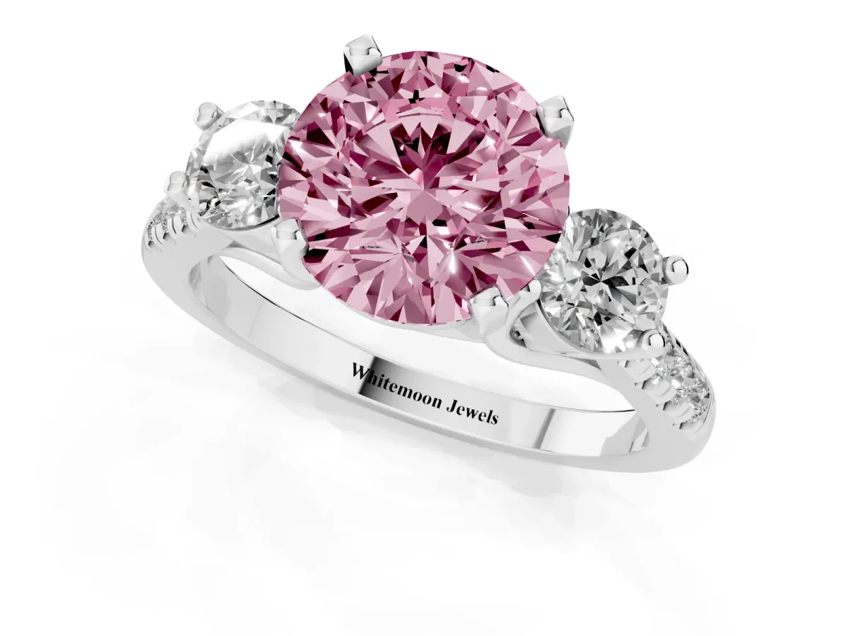 Fancy Pink Three-Stone Round Cut Diamond Pavé Band with Four-Prong Setting Platinum