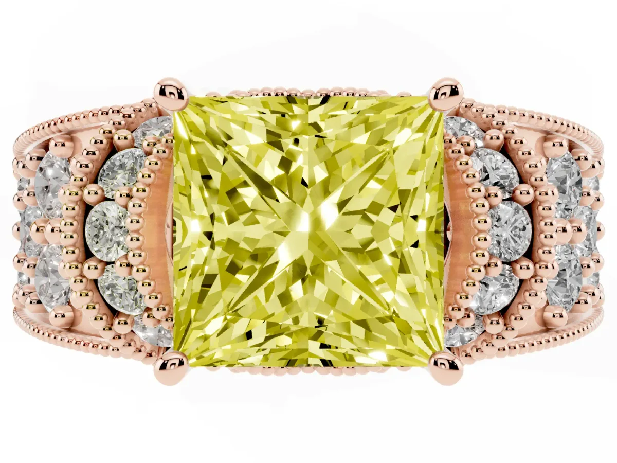 Fancy Yellow Princess Cut Halo Pave Diamond Engagement Ring with Milgrain Detailing Rose gold