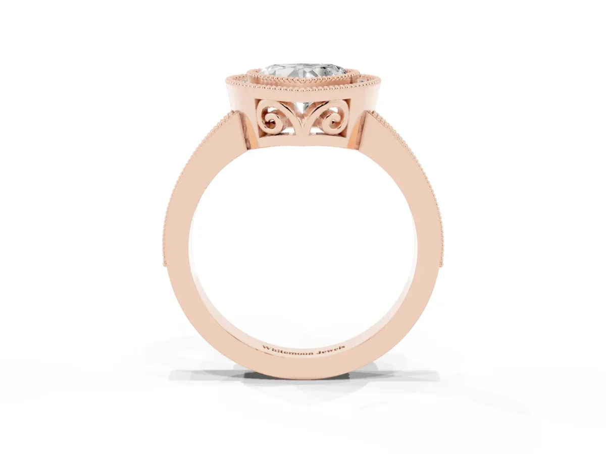 Heart Cut Cut Halo Diamond Ring with Pavé Band and Milgrain Prong Setting Rose gold