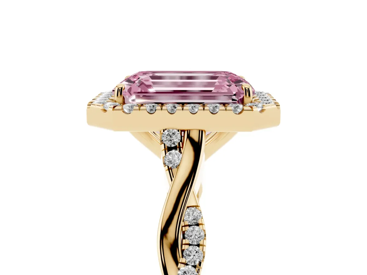 Fancy Pink Emerald Cut Halo Twist Band Solitaire Ring Yellow gold