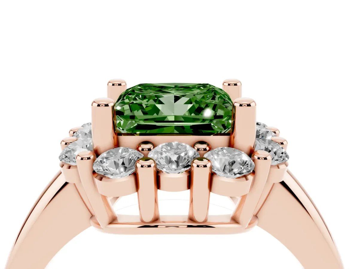 Fancy Green Princess Cut Halo Cluster Diamond Engagement Ring with Prong Setting and Polished Band Rose gold