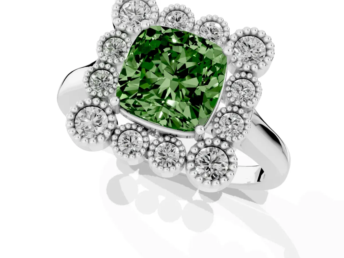 Fancy Green Cushion Cut Halo Diamond Cluster Engagement Ring with Milgrain Bezel Setting and Solitaire Band Platinum