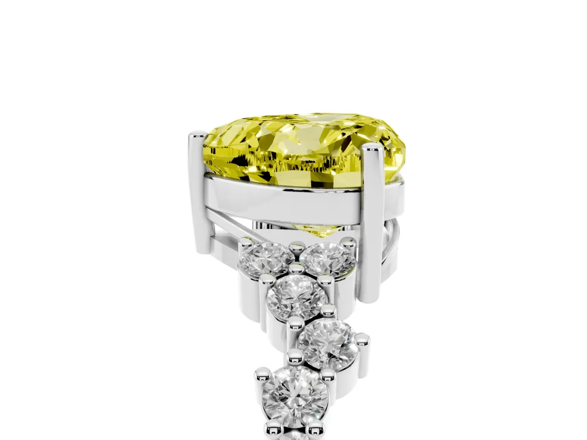 Fancy Yellow Heart Cut Diamond Scattered Round Accent Ring with Prong Setting Silver