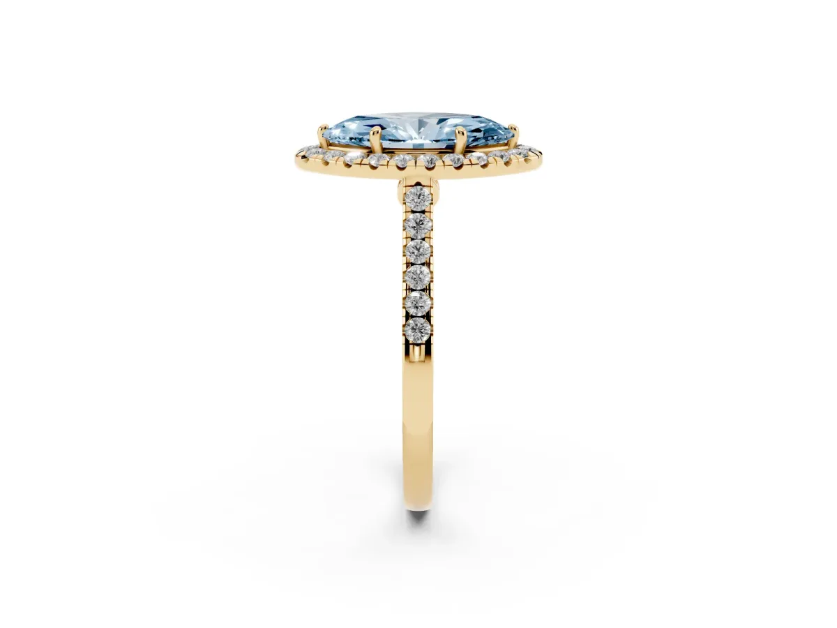 Fancy Blue Marquise Cut Halo Pave Diamond Engagement Ring with Four-Prong Setting Yellow gold