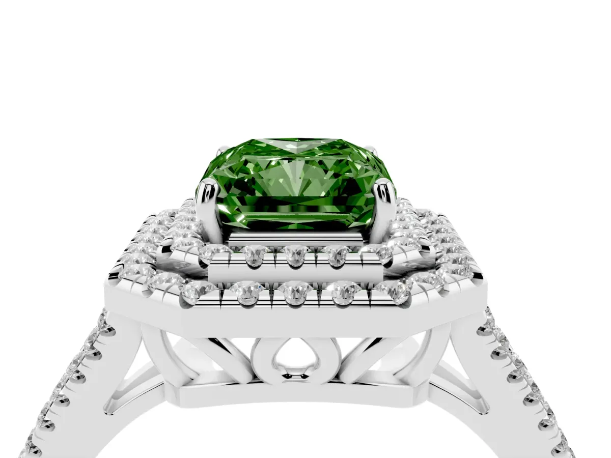 Fancy Green Radiant Cut Diamond Double Halo Ring with Pavé Band and Prong Setting Platinum