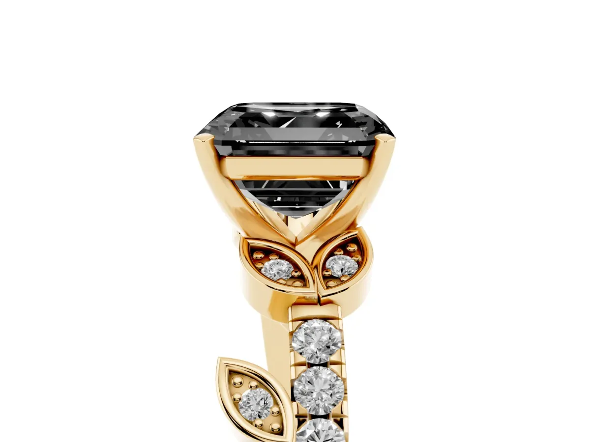 Fancy Black Asscher Cut Solitaire Leaf-Inspired Diamond Ring with Pavé Band and Four-Prong Setting Yellow gold