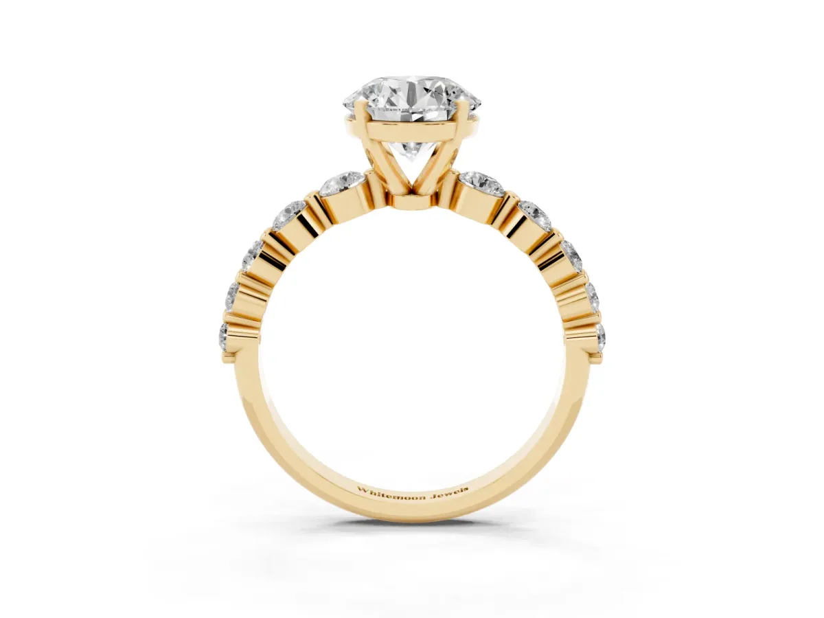 Round Cut Solitaire Diamond Ring with Pave Band and Four-Prong Setting Yellow gold