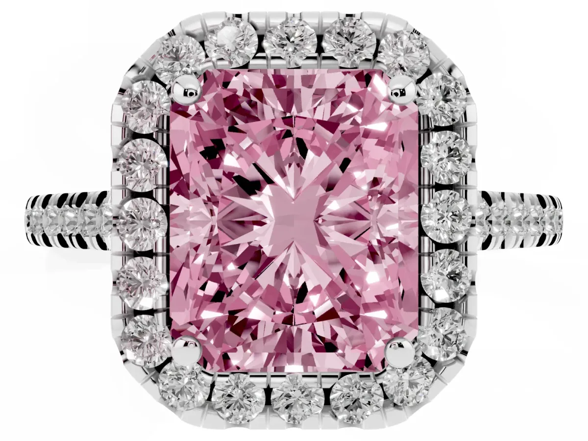 Fancy Pink Radiant Cut Diamond Cushion Halo Ring with Pavé Band White gold
