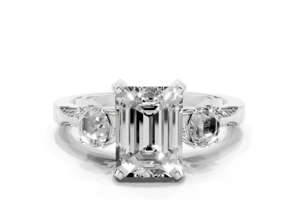 Fancy Green Emerald Cut Brilliant Three-Stone Diamond Ring with Pavé Band and Four-Prong Setting Silver