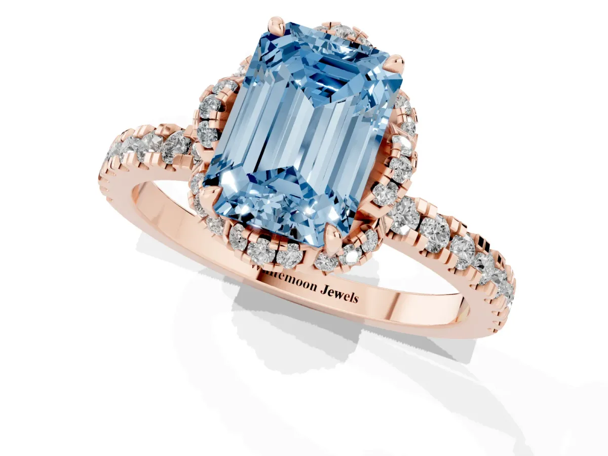 Fancy Blue Emerald Cut Halo Diamond Pave Band Ring with Four-Prong Setting Rose gold