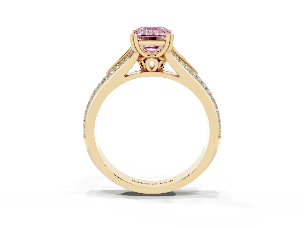 Fancy Pink Emerald Cut Diamond Split Shank Engagement Ring with Pavé Band Yellow gold