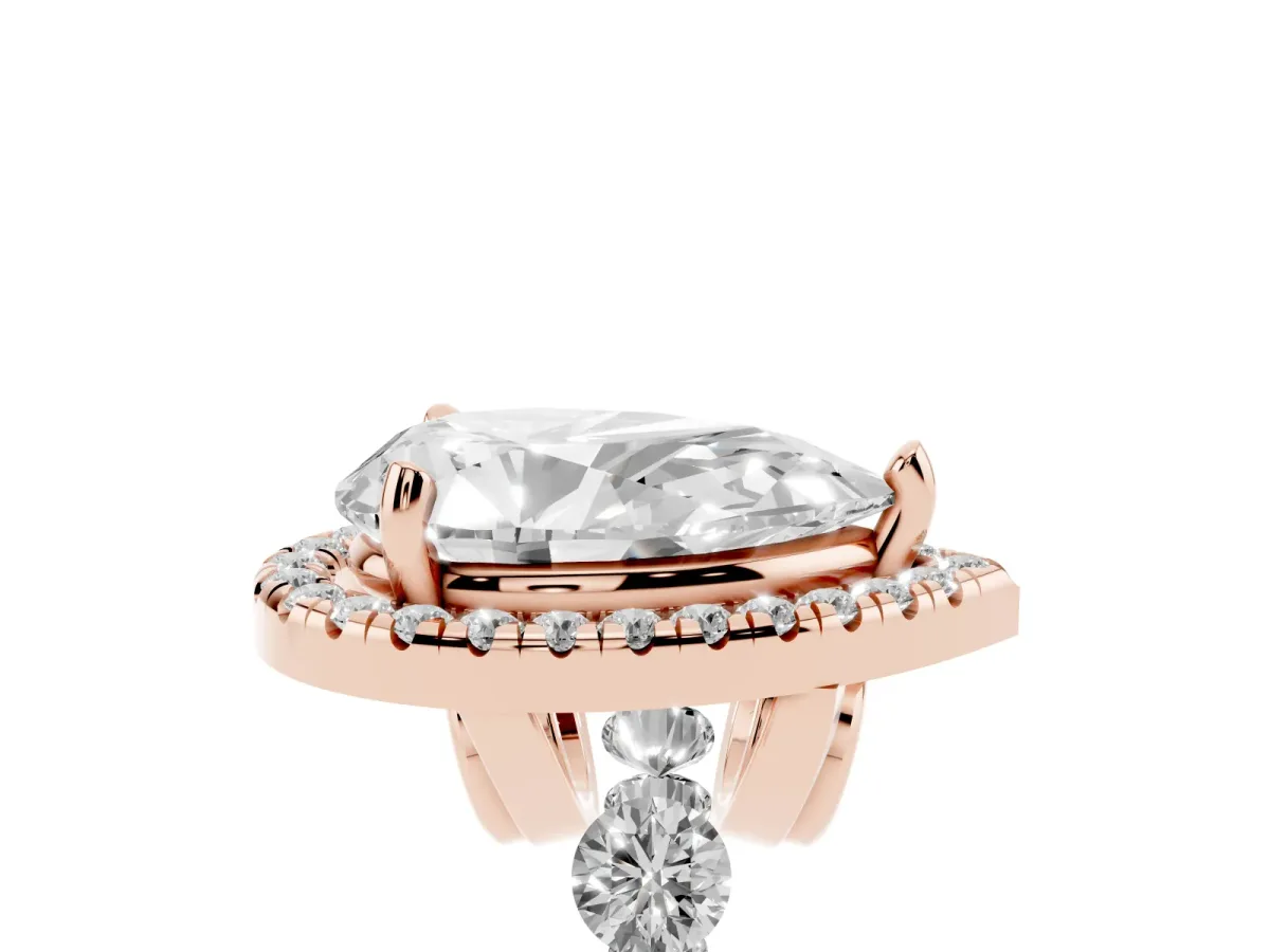 Pear Cut Halo Pavé Diamond Engagement Ring with Four-Prong Setting Rose gold