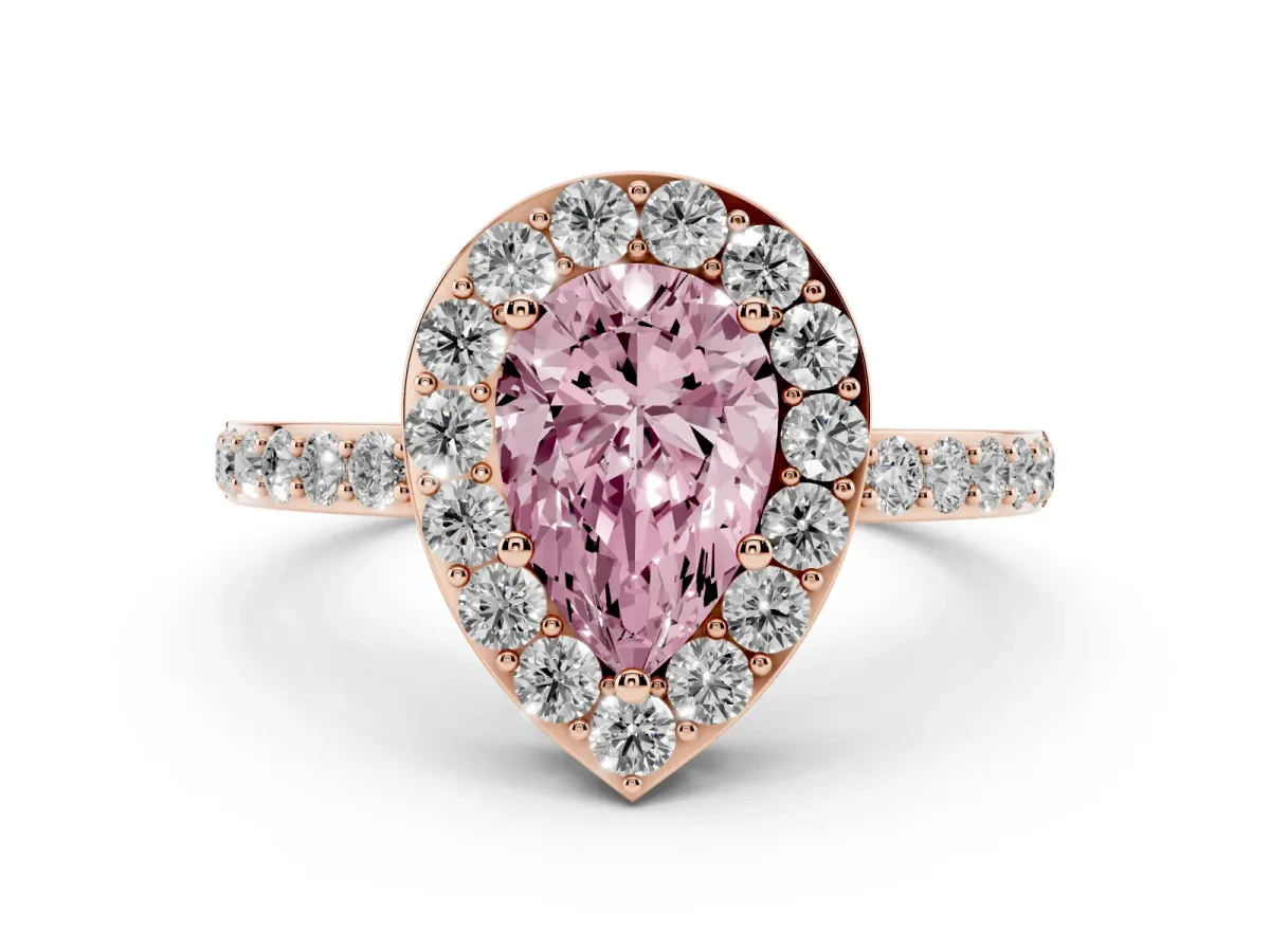 Fancy Pink Pear Cut Halo Diamond Pavé Band Ring with Prong Setting Rose gold