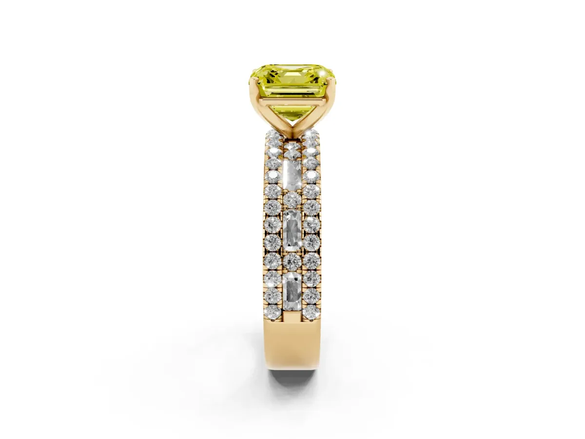 Fancy Yellow Asscher Cut Diamond Solitaire Ring with Pavé and Channel Set Band Yellow gold