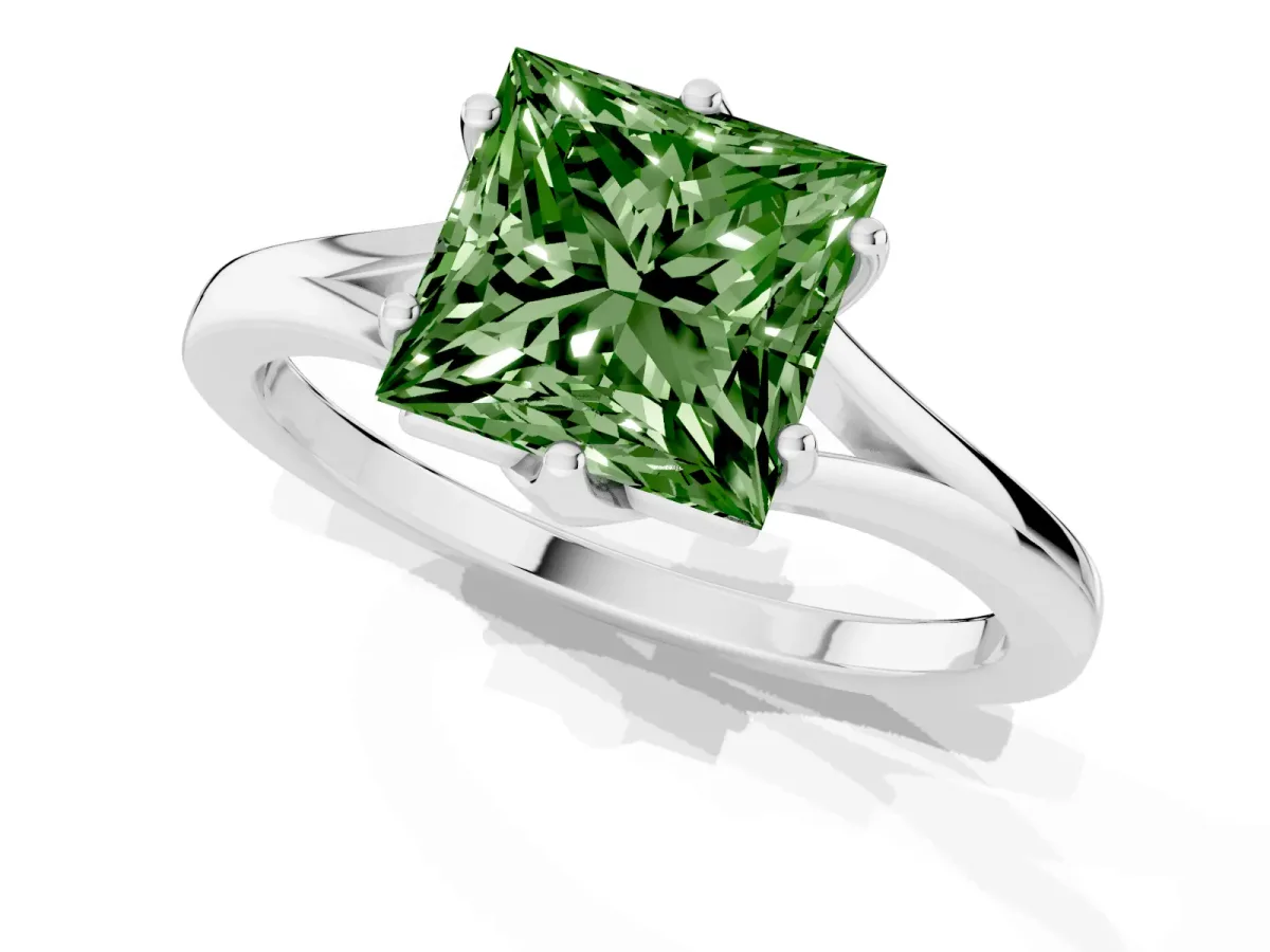 Fancy Green Princess Cut Solitaire Diamond Ring with Six-Prong Setting and Tapered Band Silver