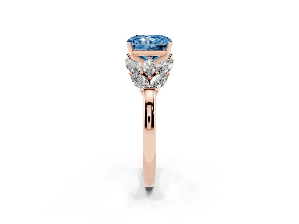 Fancy Blue Radiant Cut Diamond Cluster Leaf Design Ring with Prong Setting Rose gold
