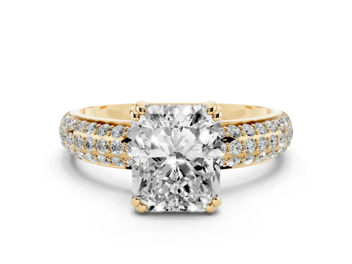 Radiant Cut Diamond Solitaire Ring with Multi-Row Round Pavé Band and Prong Setting Yellow gold