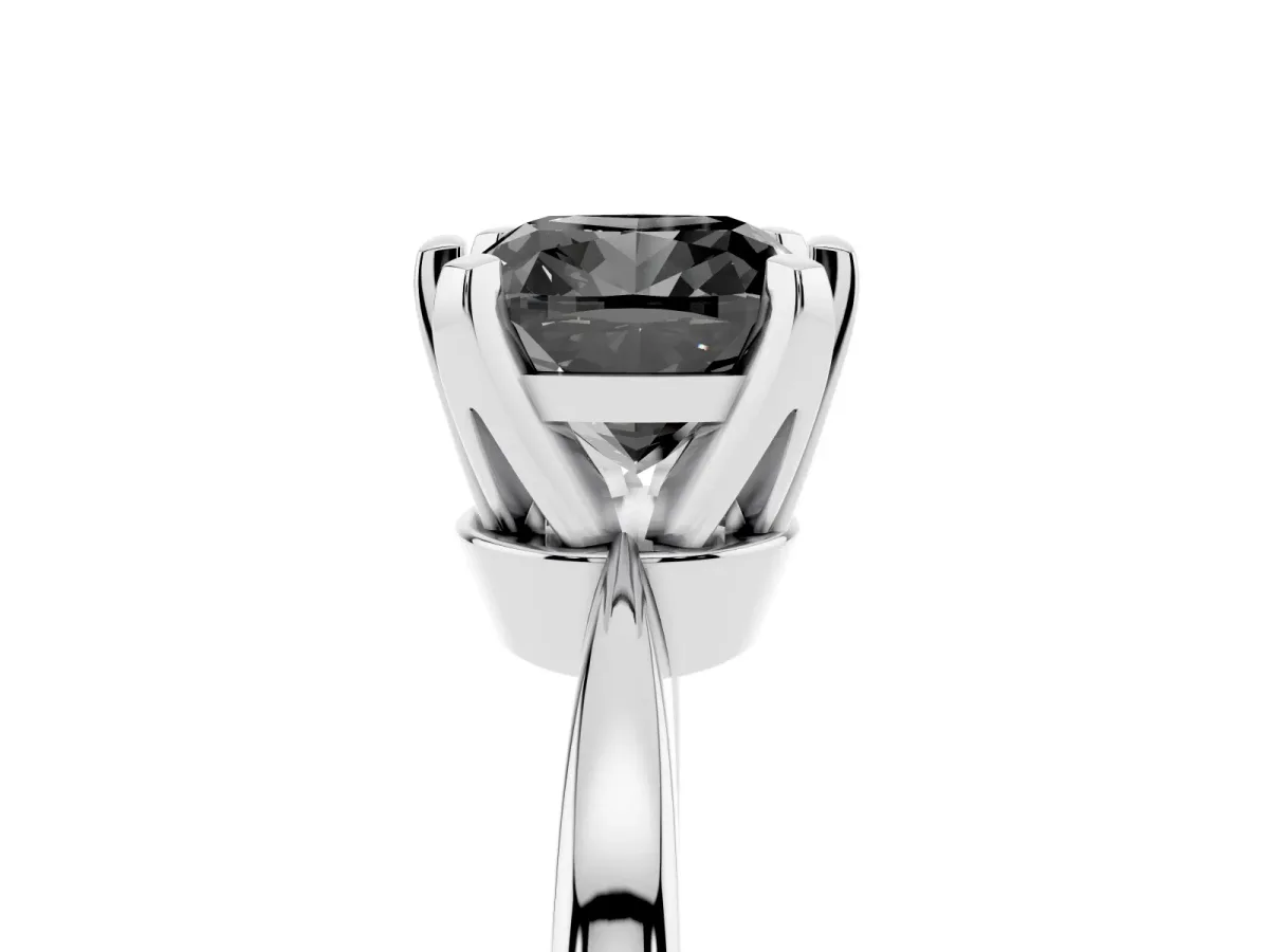 Fancy Black Cushion Cut Solitaire Engagement Ring with Six-Prong Setting and Tapered Band Platinum