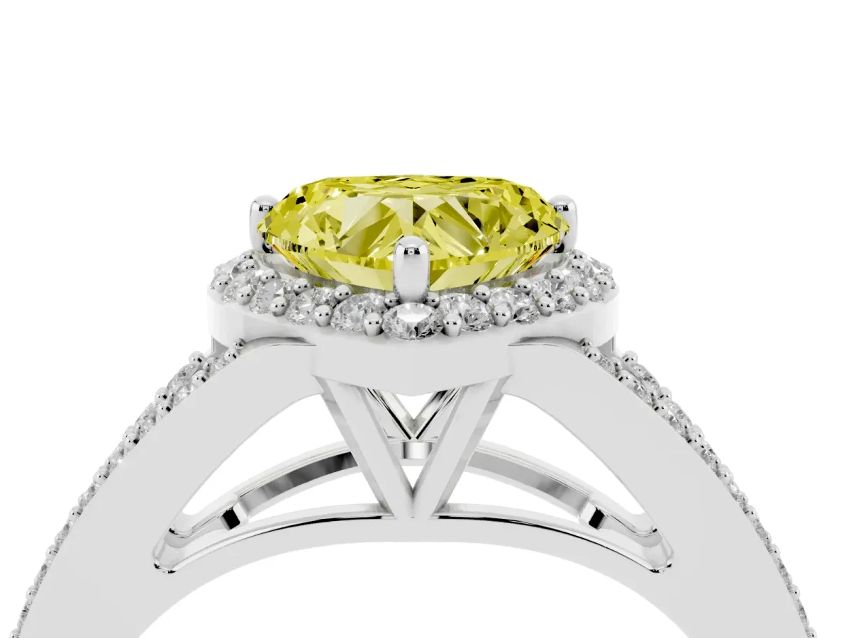 Fancy Yellow Heart Cut Halo Split Shank Pave Diamond Ring with Four-Prong Setting Platinum
