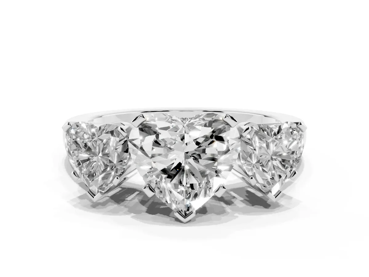 Three-Stone Heart Cut Cut Diamond Ring with Channel Set Band and Four-Prong Setting White gold