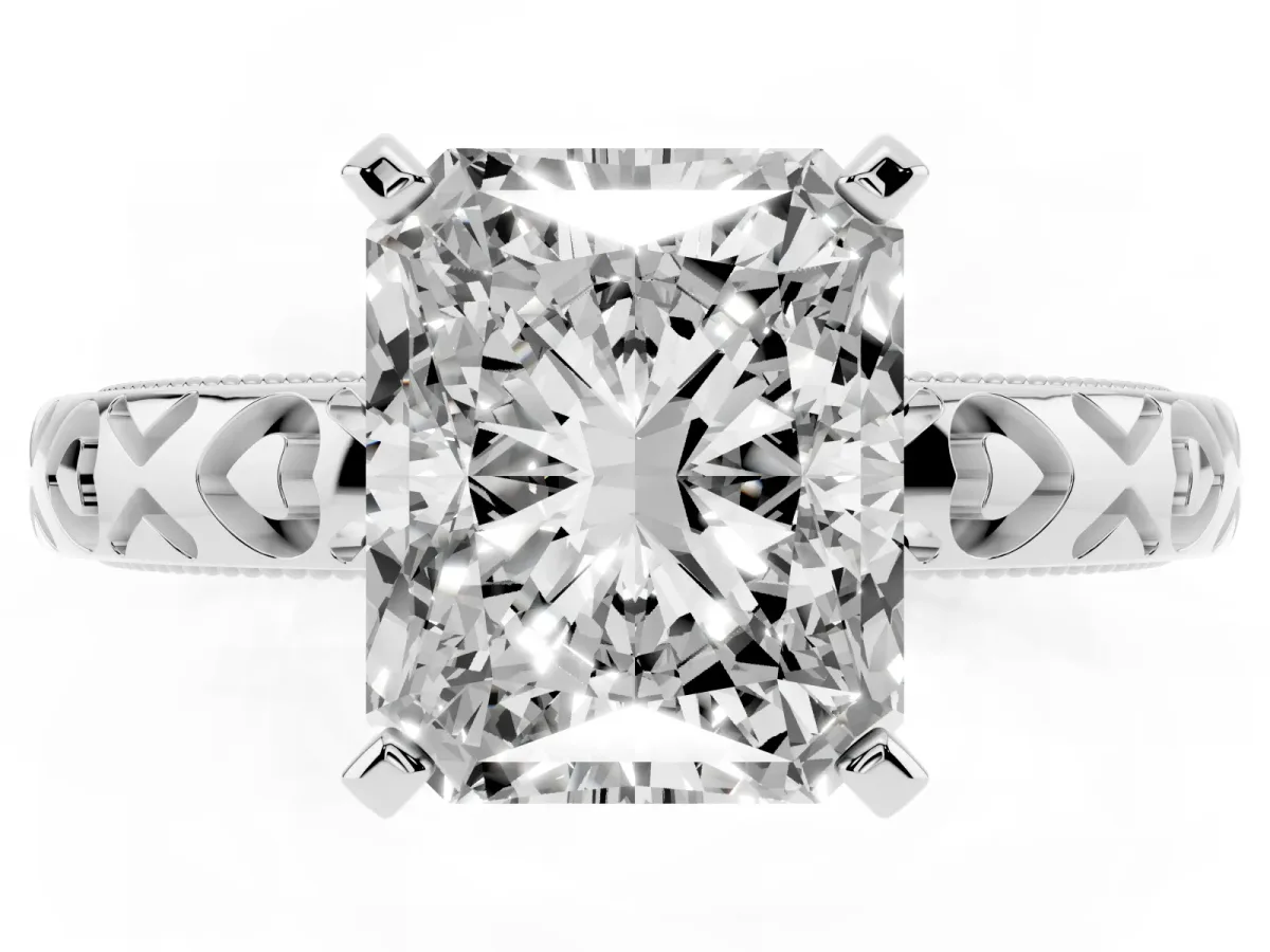 Radiant Cut Solitaire Diamond Engagement Ring with XO Engraved Band and Four-Prong Setting Silver