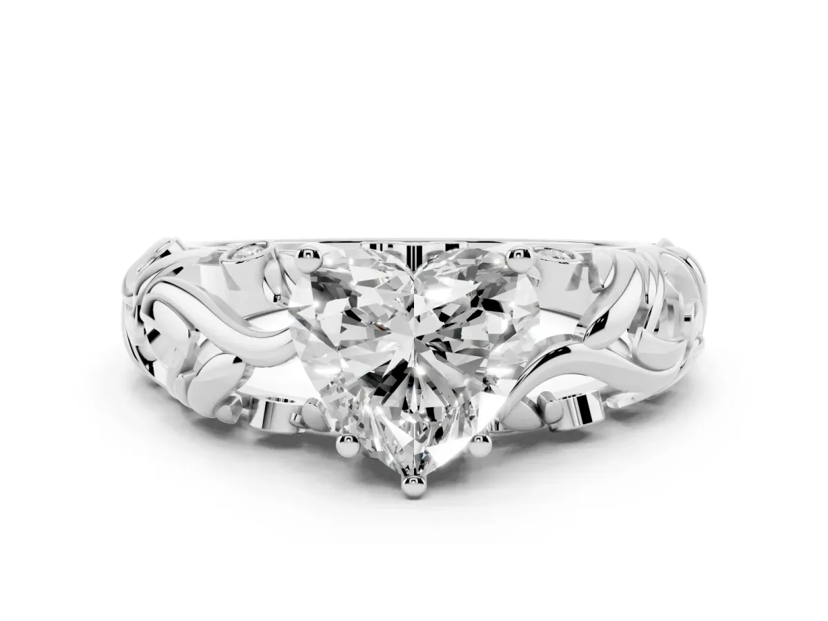 Heart Cut Solitaire Diamond Leaf-Inspired Vine Band Ring with Prong Setting Silver