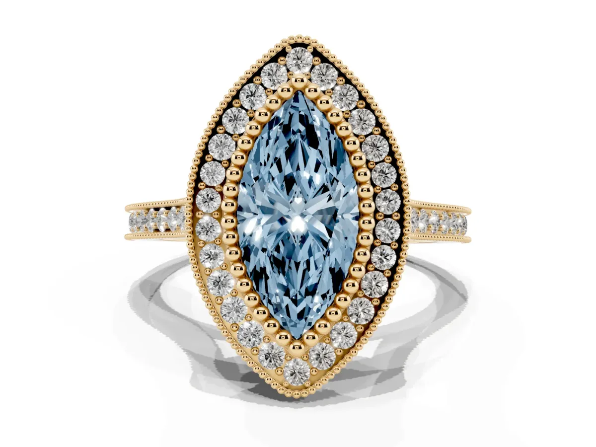 Fancy Blue Marquise Cut Diamond Halo Ring with Milgrain Frame and Pavé Band Yellow gold
