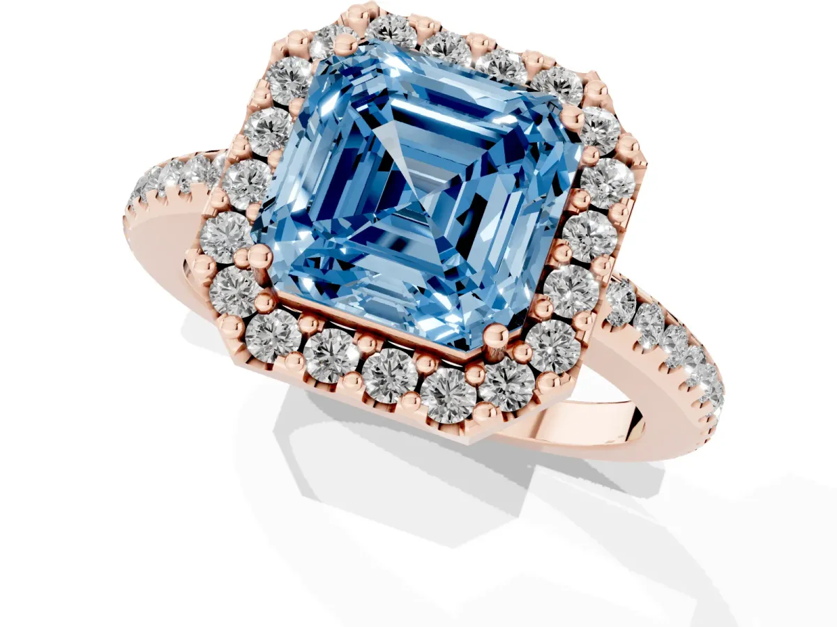 Fancy Blue Asscher Cut Diamond Pavé Halo Ring with Four-Prong Setting Rose gold