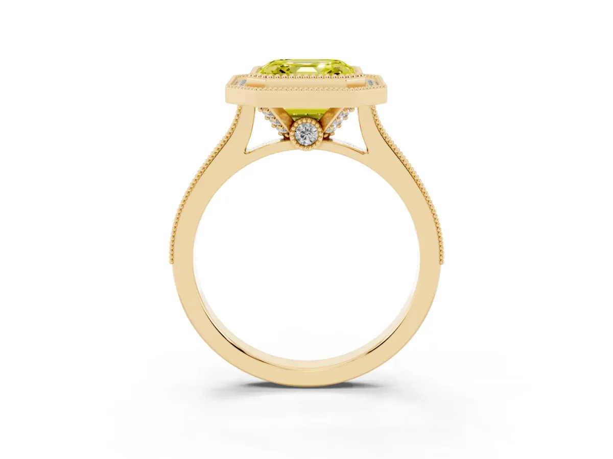 Fancy Yellow Halo Asscher Cut-Cut Diamond Pave Band Milgrain Prong Setting Ring Yellow gold