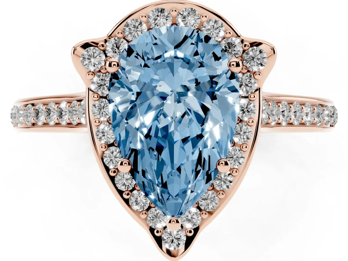 Fancy Blue Pear Cut Halo Round Diamond Pave Band with Four-Prong Setting Rose gold
