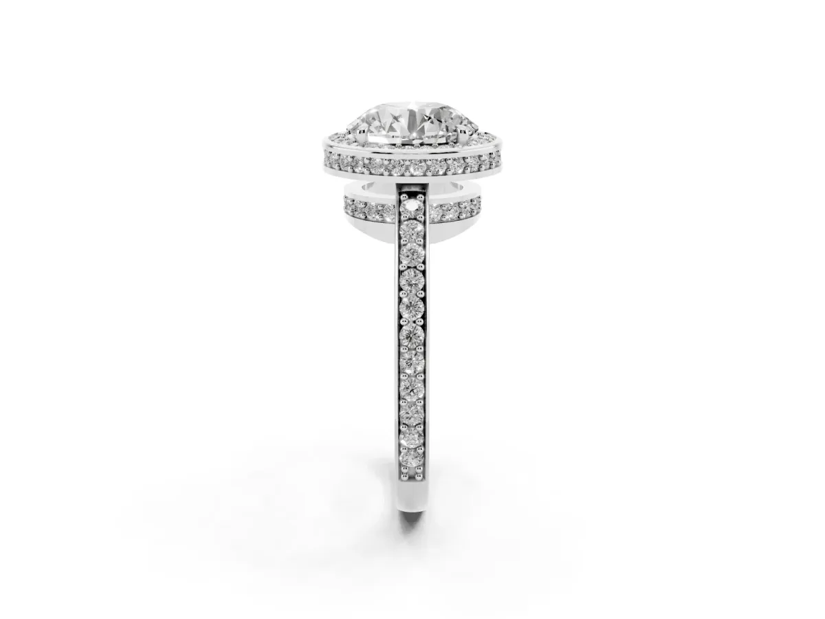 Round Cut Halo Pave Band Solitaire Ring with Prong Setting Silver
