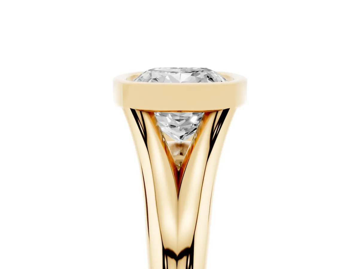 Bezel Set Cushion Cut Solitaire Diamond Ring with Smooth Band Yellow gold