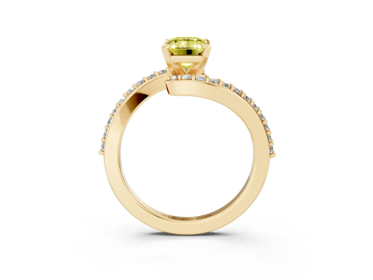 Fancy Yellow Emerald Cut Solitaire Twist Band with Pave Set Diamonds and Four-Prong Setting Yellow gold