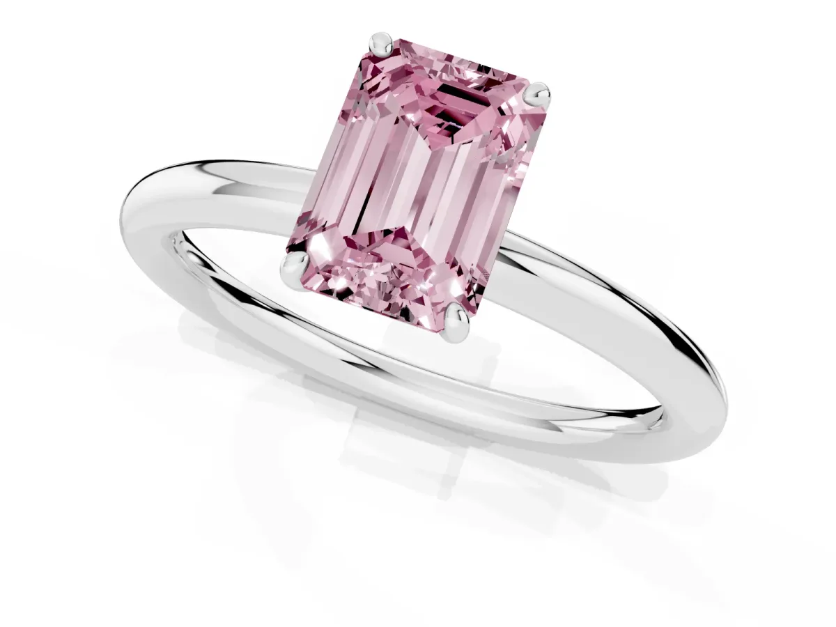 Fancy Pink Emerald Cut Solitaire Diamond Ring with Four-Prong Setting on a Plain Band Silver