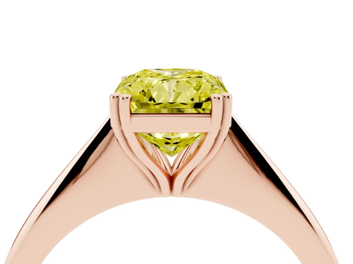 Fancy Yellow Radiant Cut Solitaire Diamond Ring with Six-Prong Setting and Classic Band Rose gold