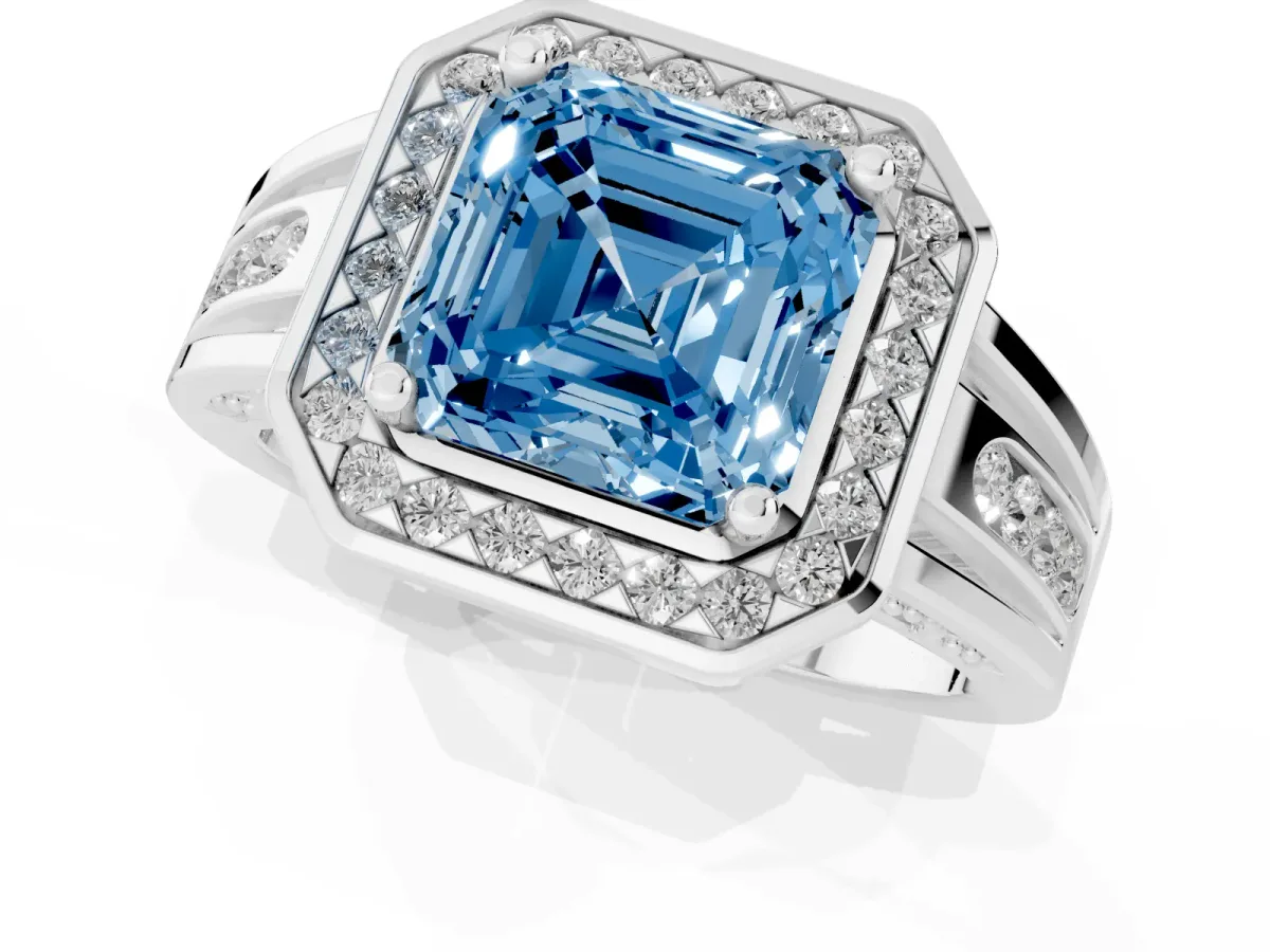 Fancy Blue Asscher Cut Diamond Halo Ring with Split Shank and Bezel Accents and Prong Setting Silver