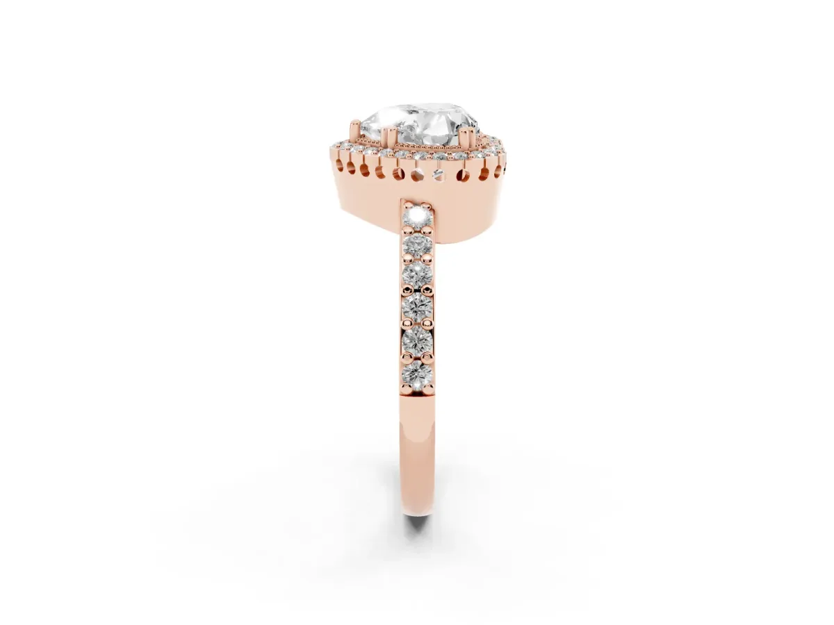 Heart Cut Cut Diamond Halo Engagement Ring with Milgrain Detail and Pavé Band Rose gold
