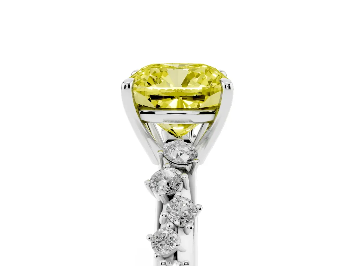 Fancy Yellow Cushion Cut Diamond Cluster Side Stone Solitaire Ring with Prong Setting White gold