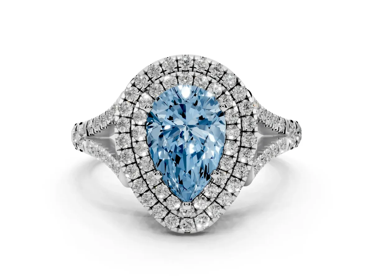 Fancy Blue Pear Cut Diamond Pavé Split Shank Double Halo Engagement Ring Platinum